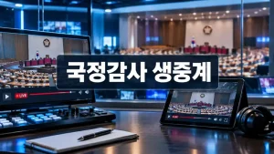 국정감사 생중계 시청을 상징하는 국회 회의 영상과 방송 모니터