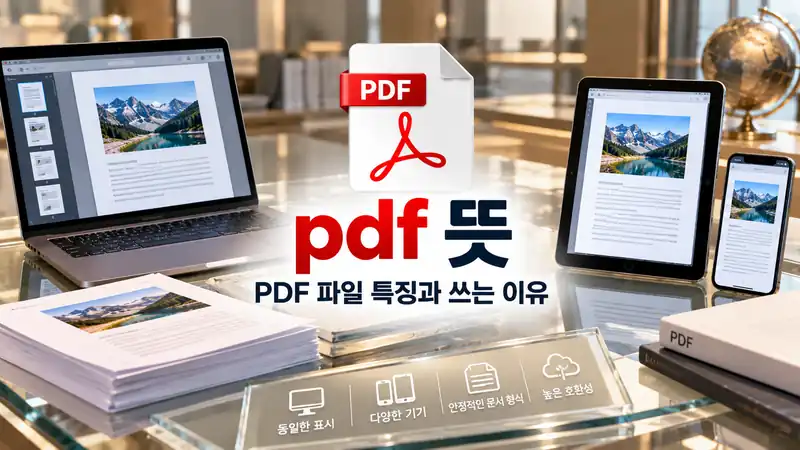pdf 뜻과 PDF 파일 특징을 설명하는 문서와 기기 화면 이미지