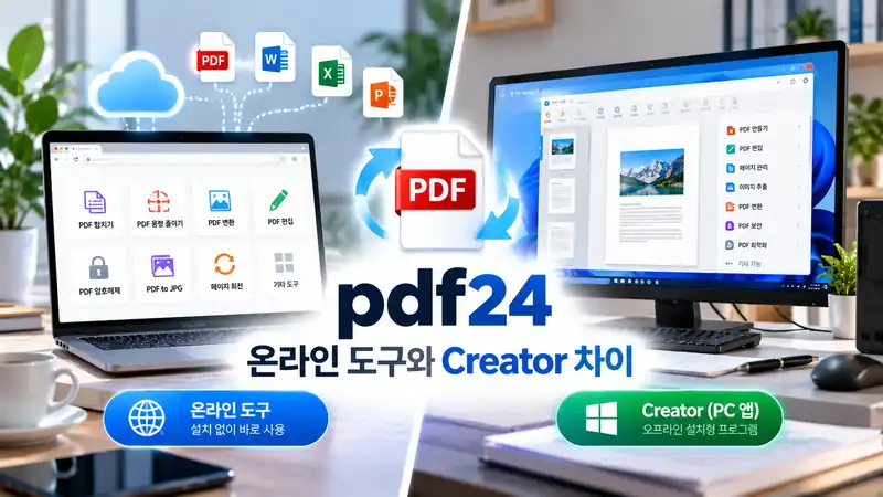 pdf24 온라인 PDF 도구와 Windows Creator 차이를 표현한 데스크톱 작업 이미지