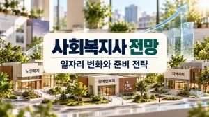사회복지사 전망 복지시설 모형과 일자리 변화 방향을 보여주는 실사형 이미지