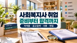 사회복지사 취업 준비를 위한 이력서와 구인공고 확인 체크리스트가 놓인 밝은 사무실 사진