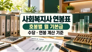 사회복지사 연봉표 호봉별 월 기본급과 수당 계산 기준을 설명하는 계산기와 자료철 실사 이미지
