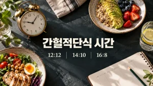 간헐적단식 시간 12:12 14:10 16:8 비교를 보여주는 음식과 시계 실사 이미지