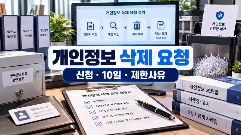 개인정보 삭제 요청 신청방법 처리기한과 제한사유를 보여주는 개인정보 삭제 절차 이미지