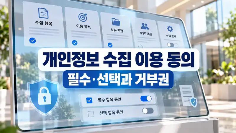 개인정보 수집 이용 동의 필수 선택 구분과 거부권을 보여주는 동의 화면 이미지