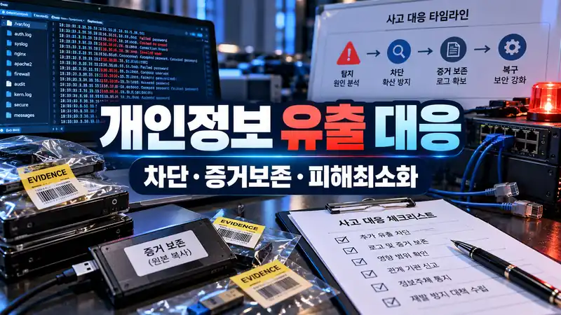 개인정보 유출 대응 차단 증거보존 피해최소화 순서를 표현한 디지털 포렌식 이미지