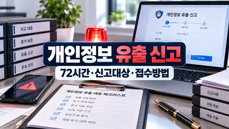 개인정보 유출 신고 72시간 신고대상과 접수방법을 보여주는 사고 대응 이미지