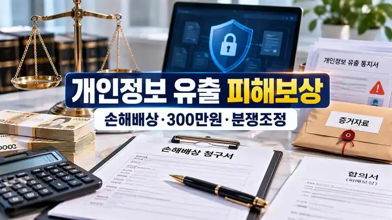 개인정보 유출 피해보상 손해배상과 분쟁조정 절차를 표현한 법률 보상 이미지