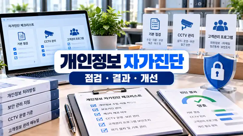 개인정보 자가진단 점검항목 결과와 개선방법을 보여주는 개인정보 보호 점검 이미지