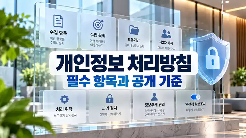 개인정보 처리방침 필수 항목과 공개 기준을 보여주는 안내 보드 이미지