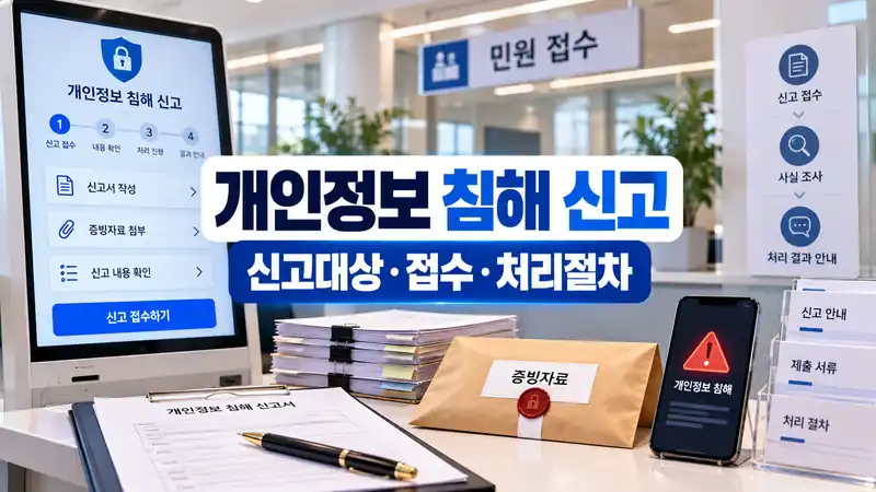 개인정보 침해 신고 대상과 접수 처리절차를 보여주는 공공 민원 접수 이미지