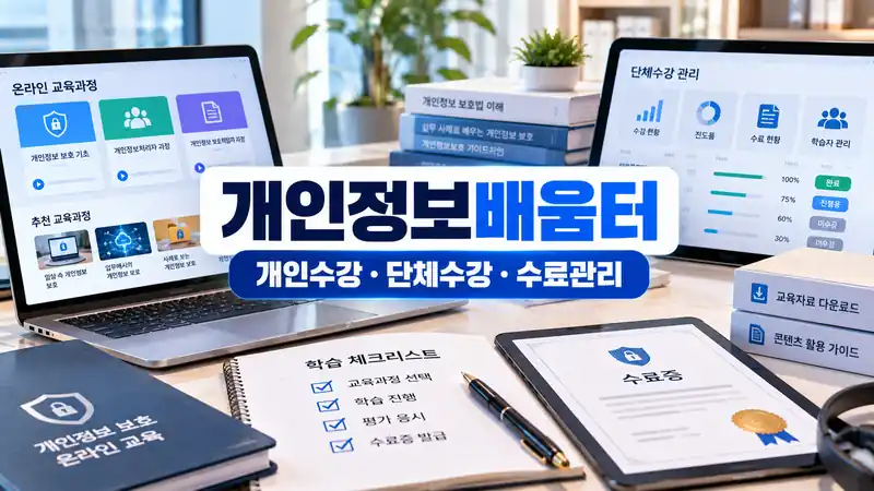 개인정보배움터 개인수강 단체수강 수료관리 방법을 보여주는 온라인 교육 이미지