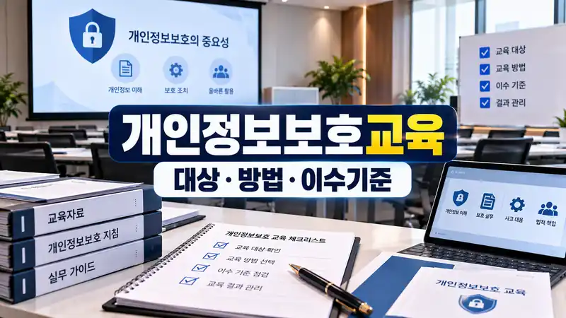 개인정보보호교육 대상 방법 이수기준을 설명하는 기업 교육장 이미지