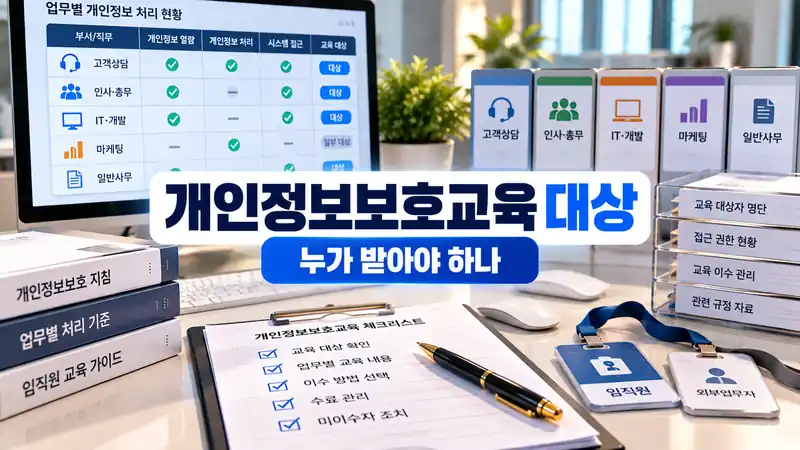 개인정보보호교육 대상 개인정보취급자와 직무별 판단기준을 보여주는 사무실 이미지
