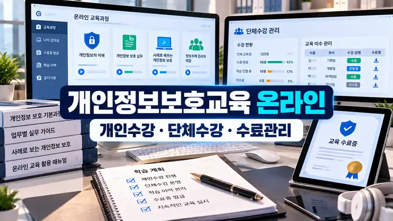 개인정보보호교육 온라인 개인수강 단체수강 수료관리 방법을 보여주는 온라인 교육 이미지