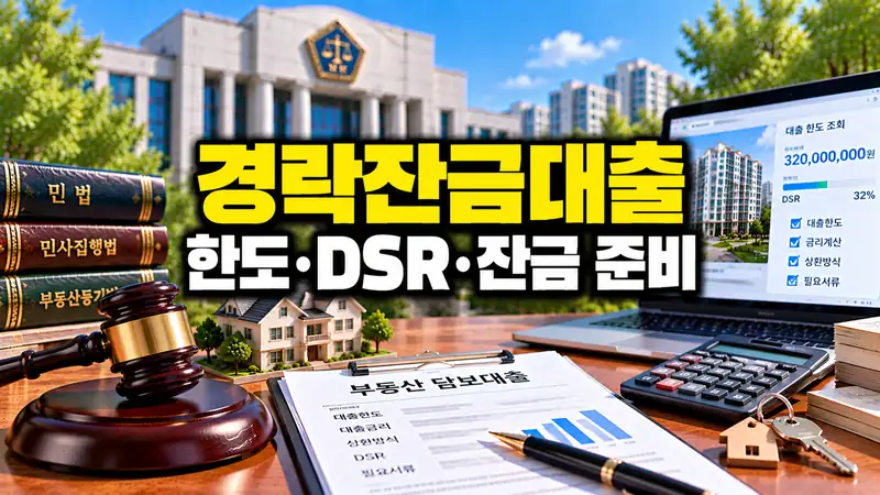 경락잔금대출의 한도와 DSR, 잔금 준비 과정을 보여주는 부동산 금융 이미지