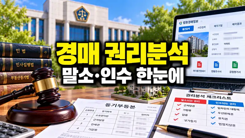 경매 권리분석에서 말소와 인수 권리를 비교하는 법원 부동산 이미지