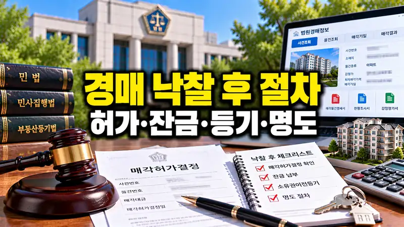 경매 낙찰 후 절차에서 매각허가와 잔금 납부, 등기와 명도를 준비하는 법원 경매 이미지