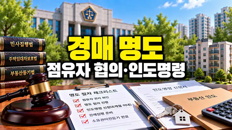 경매 명도에서 점유자 협의와 인도명령 절차를 준비하는 법원 부동산 이미지