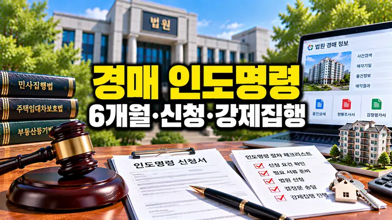 경매 인도명령 신청과 6개월 기한 및 강제집행 절차를 보여주는 법원 부동산 이미지
