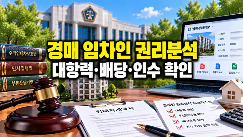 경매 임차인 권리분석에서 대항력과 배당 및 보증금 인수 여부를 확인하는 부동산 이미지