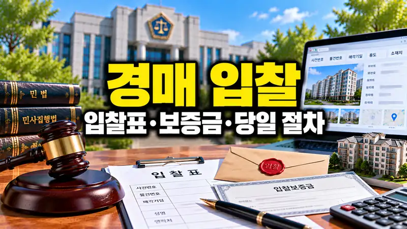 경매 입찰에서 입찰표와 보증금 및 당일 절차를 준비하는 법원 경매 이미지