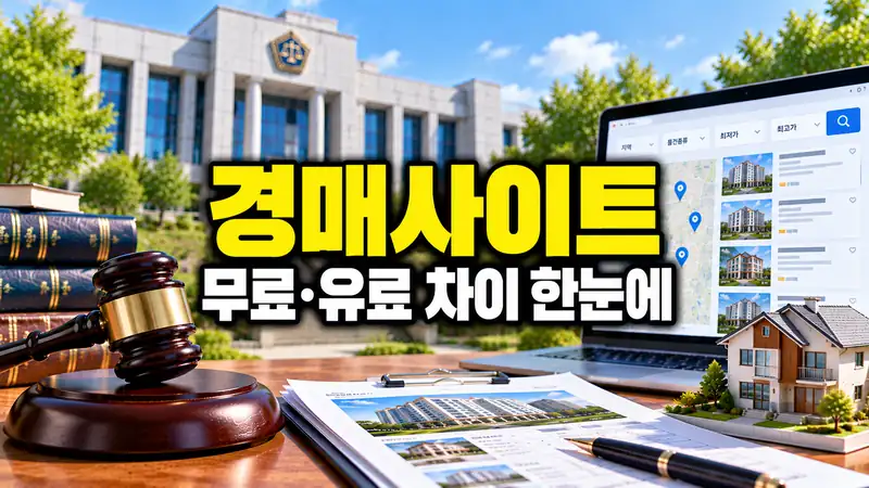 경매사이트의 무료·유료 서비스 차이와 물건검색 화면을 보여주는 부동산 경매 이미지