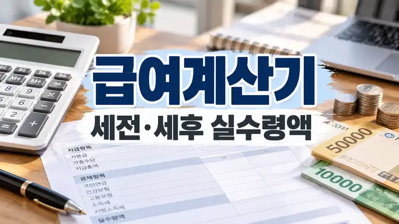 급여계산기 세전 월급과 세후 실수령액을 비교하는 금융 이미지