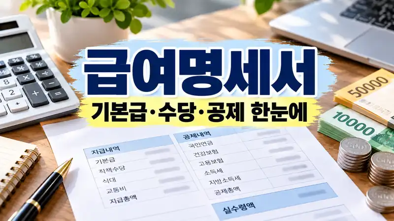 급여명세서 기본급 수당 공제와 실수령액을 설명하는 급여 이미지