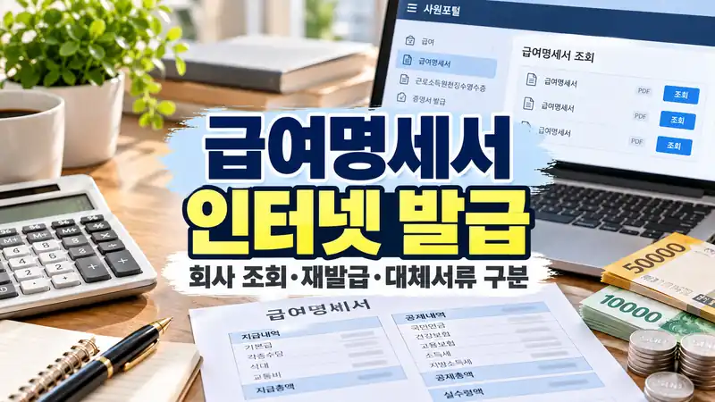 급여명세서 인터넷 발급과 회사 조회 재발급 방법을 설명하는 이미지
