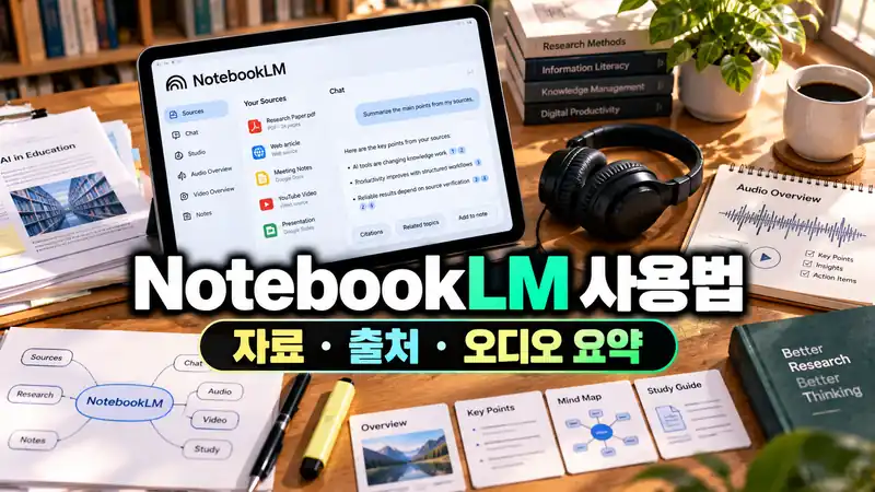 NotebookLM 사용법 자료 출처 오디오 요약 기능을 보여주는 연구 테이블 이미지