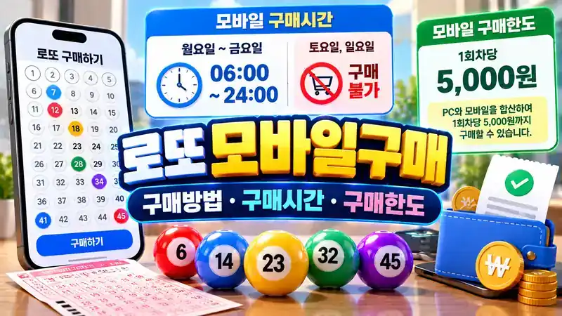로또 모바일구매 방법과 평일 구매시간, 회차당 구매한도를 보여주는 대표 이미지