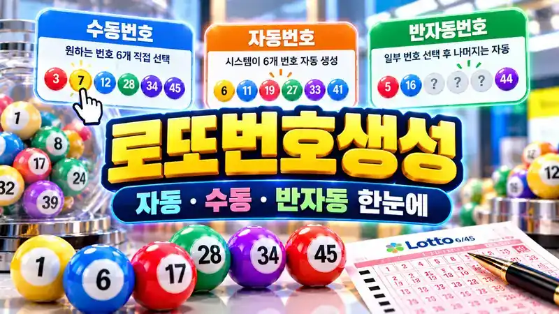 로또번호생성 자동번호 수동번호 반자동번호 선택 방법을 보여주는 대표 이미지