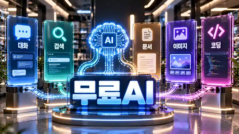 무료AI 대화 검색 문서 이미지 코딩 선택 기준을 보여주는 미래형 AI 쇼룸
