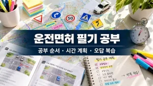 운전면허 필기 공부를 위한 교통표지 카드와 공부 계획 노트를 놓은 밝은 책상