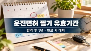 운전면허 필기 유효기간 확인을 위한 달력과 시계, 운전면허 기능시험 예정 표시가 놓인 실사형 이미지