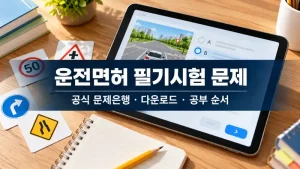 운전면허 필기시험 문제 공식 문제은행과 학습용 태블릿 및 교통표지 자료 이미지