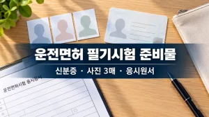 운전면허 필기시험 준비물 신분증과 사진 3매, 응시원서를 정리한 책상 이미지