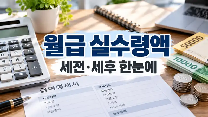 월급 실수령액 세전과 세후 공제 구조를 보여주는 급여명세서와 계산기 이미지