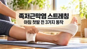 족저근막염 스트레칭 수건으로 발바닥과 종아리를 부드럽게 늘리는 동작을 보여주는 실사형 이미지