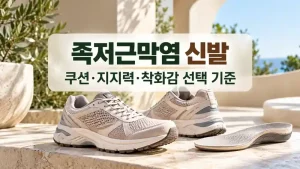 족저근막염 신발 선택 기준을 설명하는 쿠션 운동화와 깔창이 놓인 실사형 대표이미지