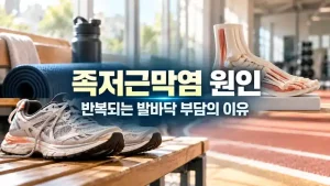 족저근막염 원인 관련 운동화와 발 해부 모형을 보여주는 실사형 대표이미지