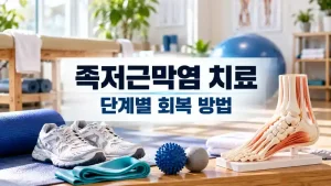 족저근막염 치료 단계별 회복 방법을 설명하는 신발과 운동 도구 및 발 모형의 실사형 사진