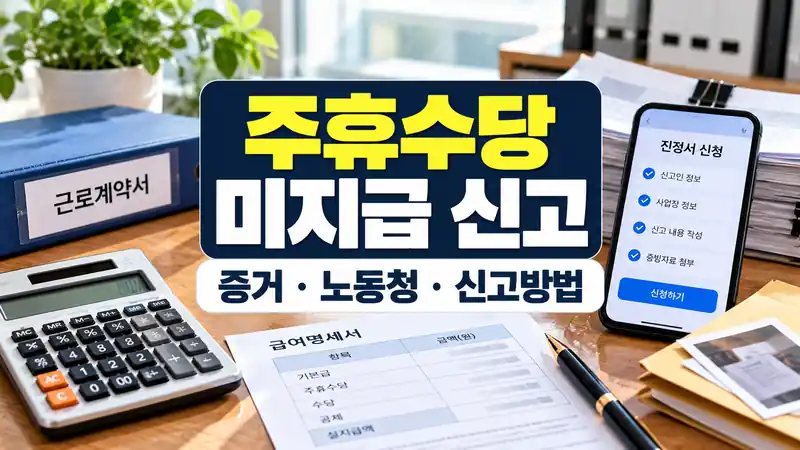 주휴수당 미지급 신고 증거와 노동청 접수방법을 설명하는 임금체불 이미지