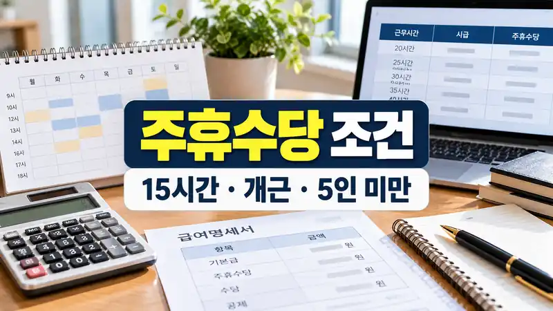 주휴수당 조건 15시간 개근 5인 미만 지급기준을 설명하는 급여 이미지