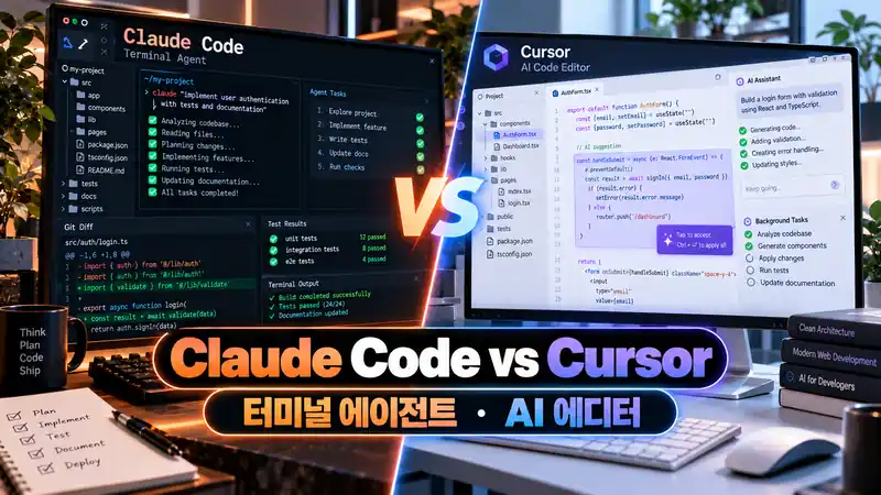 Claude Code vs Cursor 터미널 에이전트와 AI 에디터 작업 방식을 비교하는 화면
