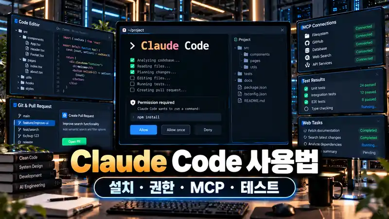 Claude Code 설치 권한 MCP 테스트 흐름을 보여주는 AI 개발 작업 화면