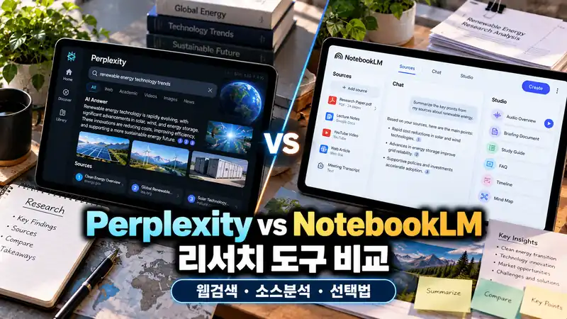 Perplexity vs NotebookLM 웹검색과 소스 기반 리서치 차이를 비교하는 연구 화면