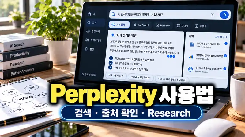 Perplexity 사용법과 검색 출처 확인 Research 기능을 보여주는 AI 검색 화면