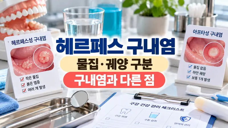 헤르페스 구내염 증상과 아프타성 구내염 차이를 설명하는 구강 건강 이미지
